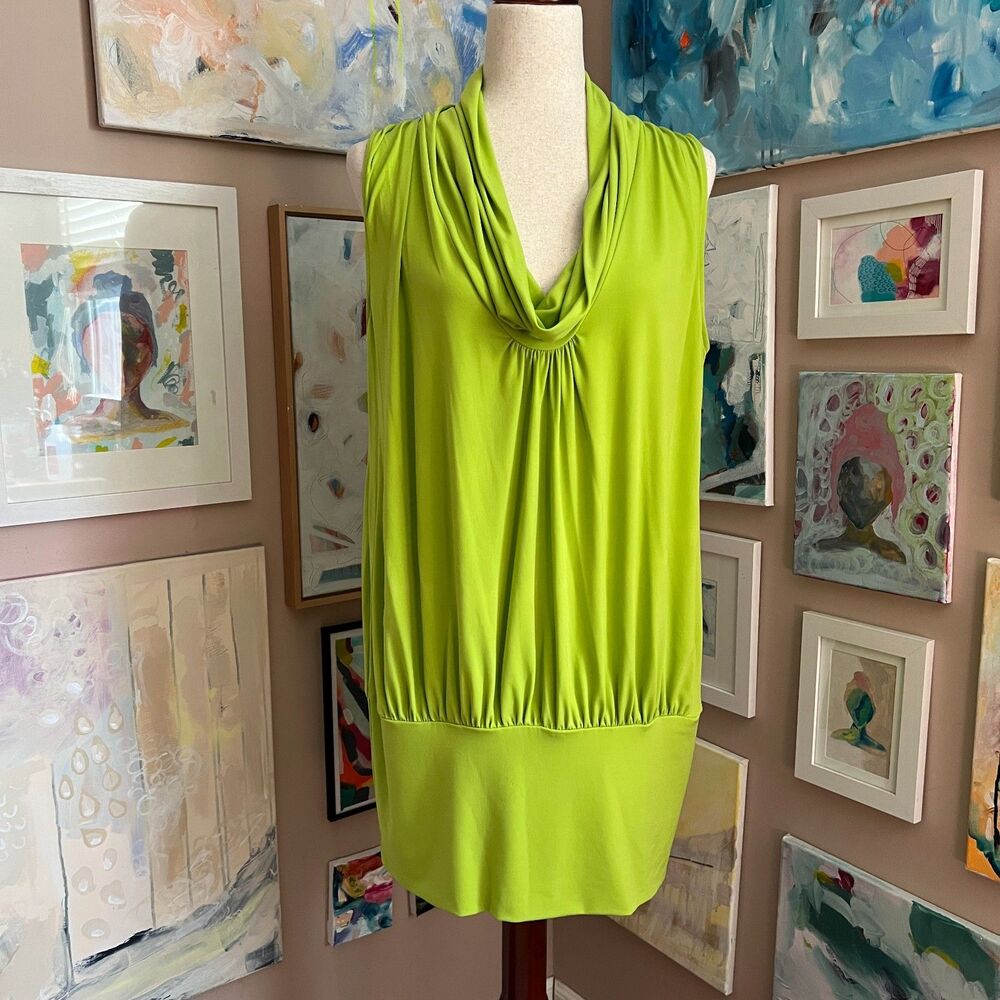 Y2K Express Lime Green Draped Sleeveless Cowl Neck Mini Dress Going Out Size L - Picture 1 of 11